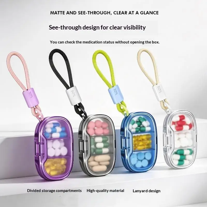 Portable 3-Compartment Pill Box With Lanyard Moisture-Proof See-Through Medicine Organizer Travel Case For Daily Use〔HMA58〕