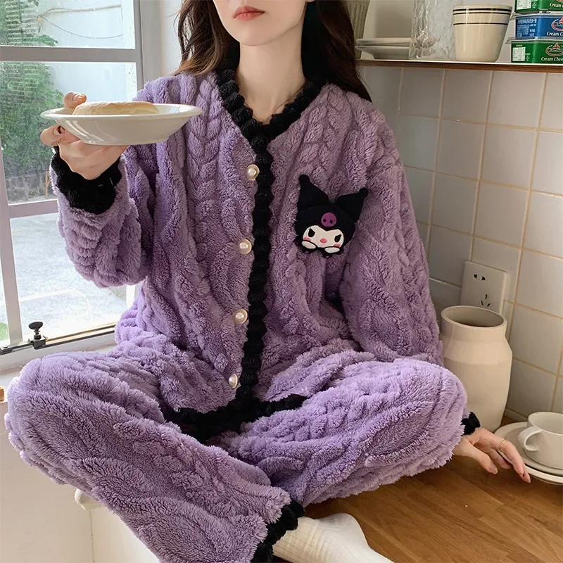 Cartoon Sanrio Kulomi pajamas winter new plush thickened women\'s pajamas jade cinnamon dog loungewear casual two-piece set