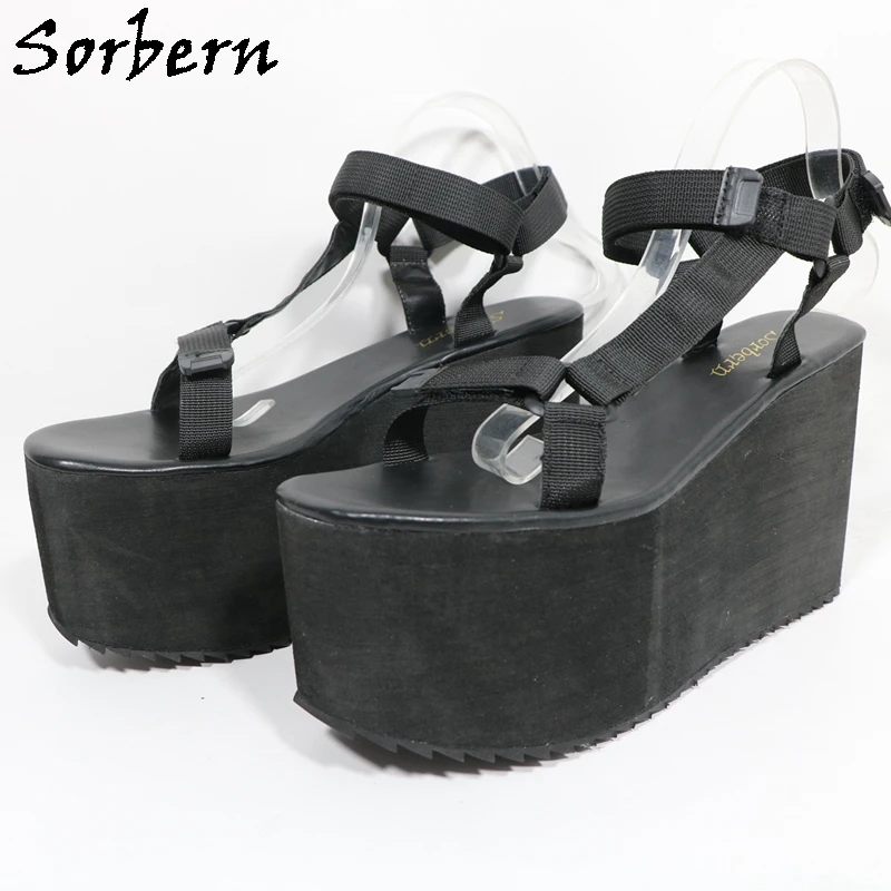 Sorbern Black Platform Standard Sandals Women Slingback Flatform Wedges T-Strap Summer Shoes Custom Size 33-48 Eu