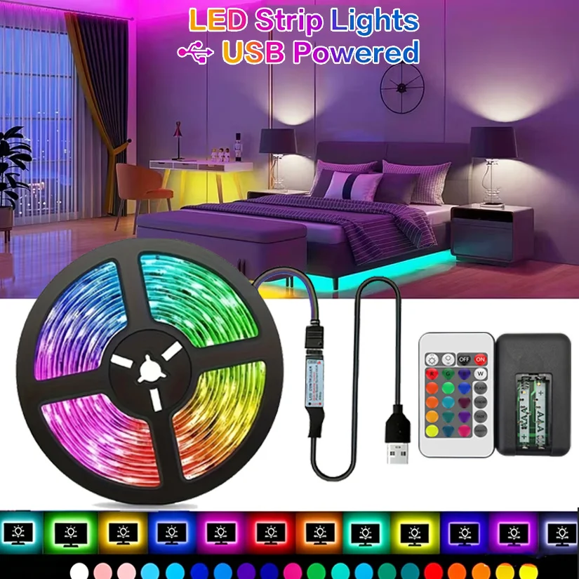 USB LED Strip Lights ,RGB Light with 24-key Remote Control,Easy To Install Lamp for Living Room ,Christmas,Party Light, TV