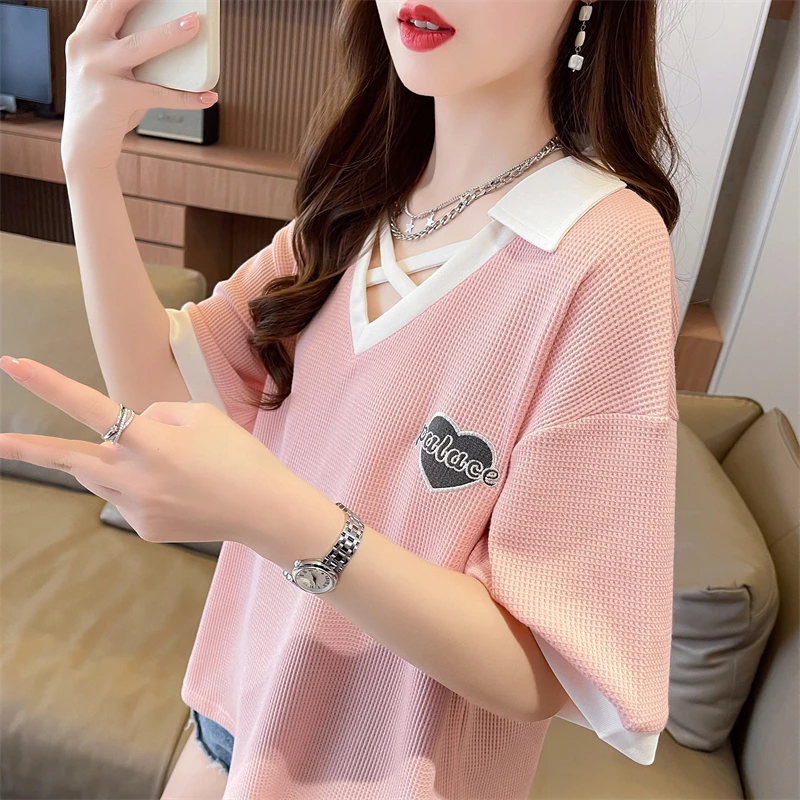 

Summer new niche POLO contrasting embroidered short sleeved T-shirt for women, sweet and fresh, casual Korean version loose top