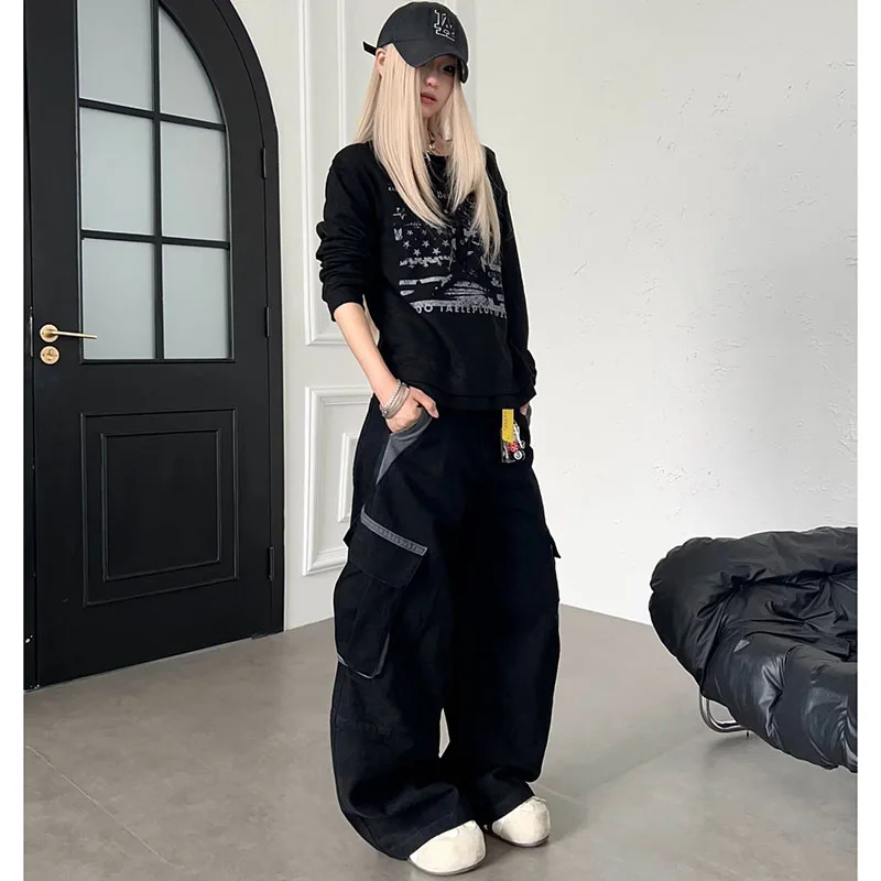 Women Black Color‑Block Spliced Multi‑Pocket Cargo Pants Girls Fashion Wide‑Leg Loose Silhouette Casual Versatile Trousers