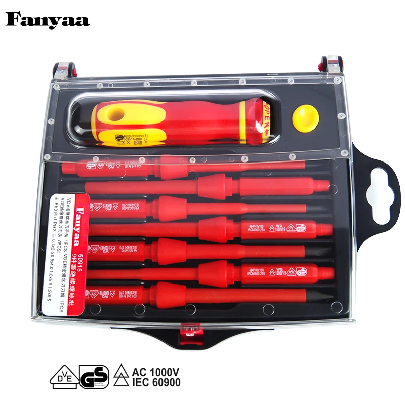 Insulated Electrician Boxed Screwdriver Bit Set 9 pcs, Handle with 7 pcs Slotted, Phillips (Cross Slotted) Screw Driver Bits