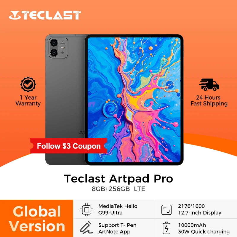 Teclast ArtPad Pro 12,7 дюйма, 2,2K, дисплей, 8 ГБ (+12 ГБ), 256 ГБ MediaTek Helio G99, 10000 мАч, 30 Вт, Android 15, планшетный ПК, 4G LTE, глобальная версия