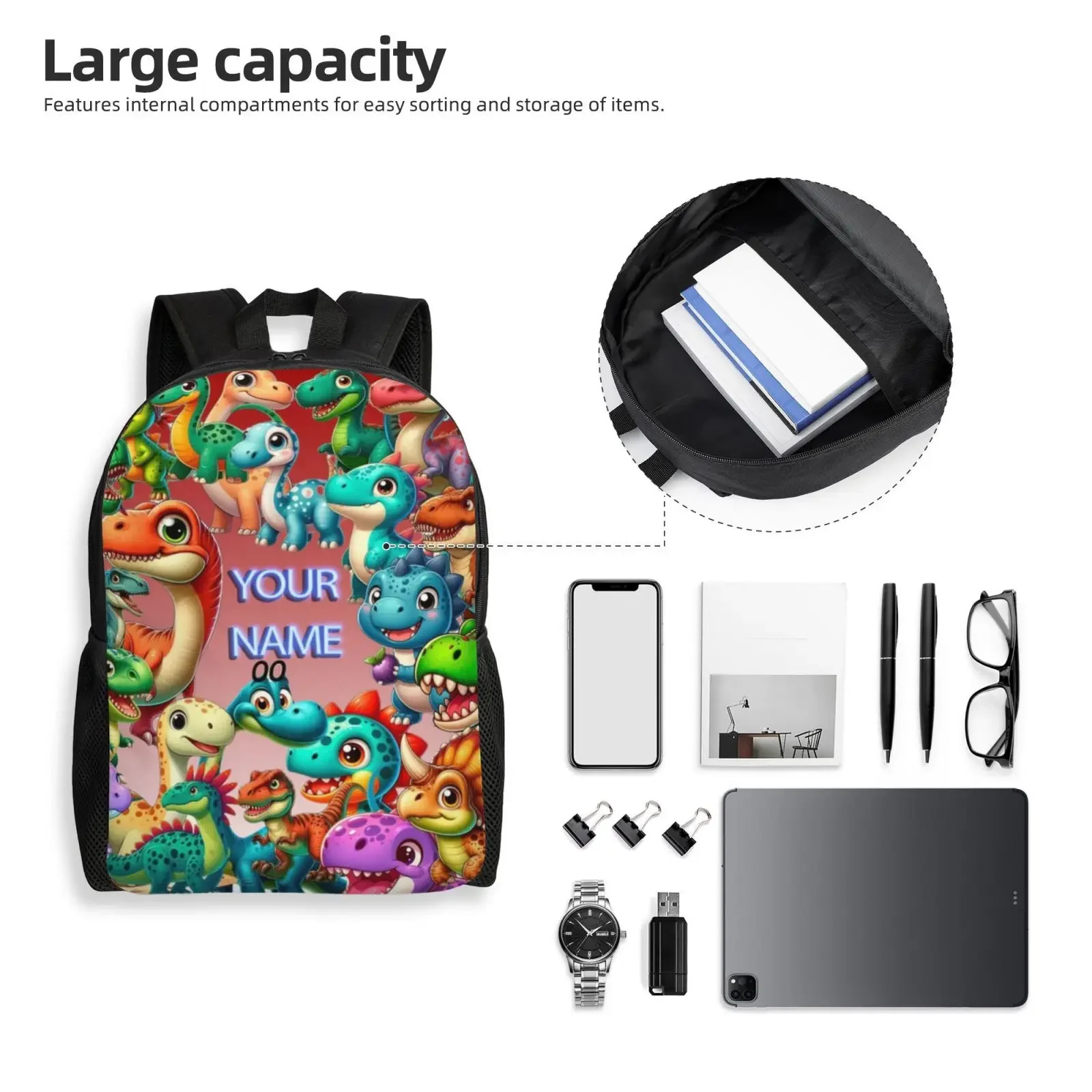 

1pc Dinosaur-Themed Customizable Backpack, Casual Polyester with Laptop Compartment, Adjustable Straps, Zip Closure, Hand Washab