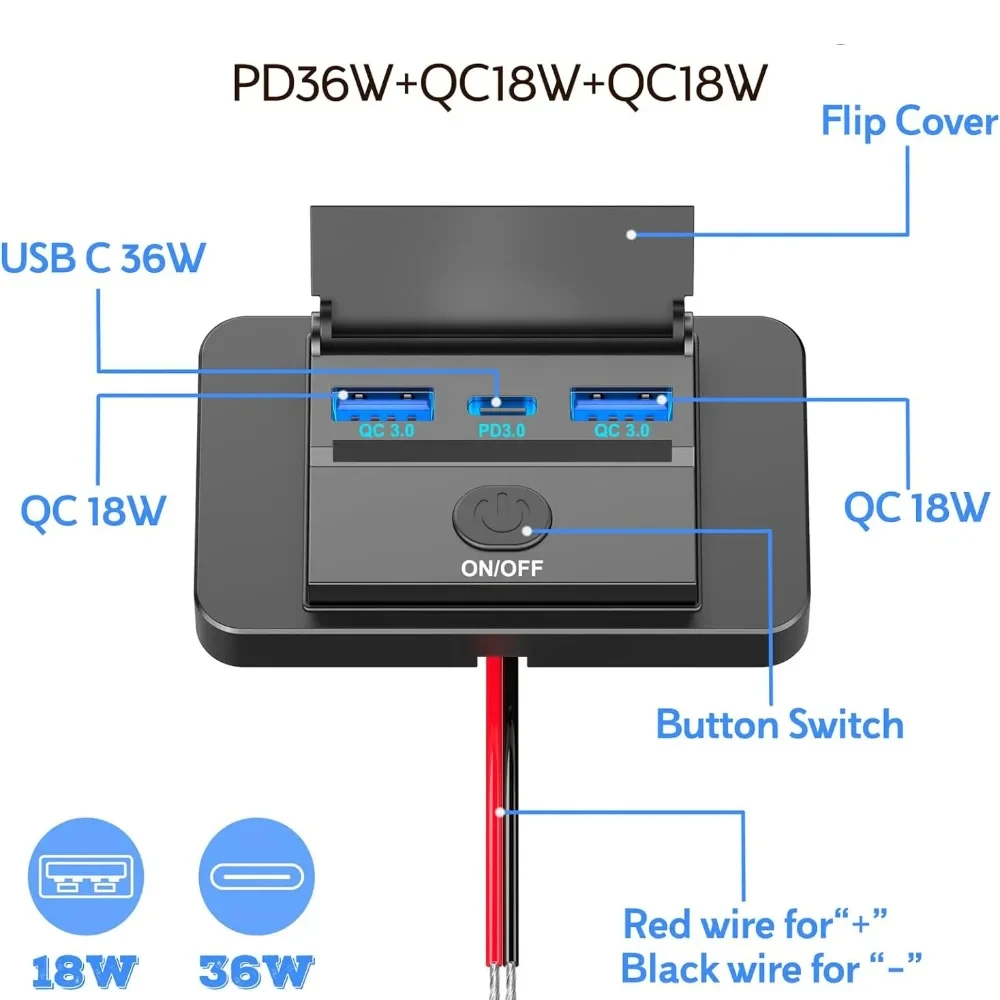 Presa USB Da Incasso Per Camper 68W – 3 Porte (USB-C E USB-A) In Alluminio, Ricarica Rapida 12V