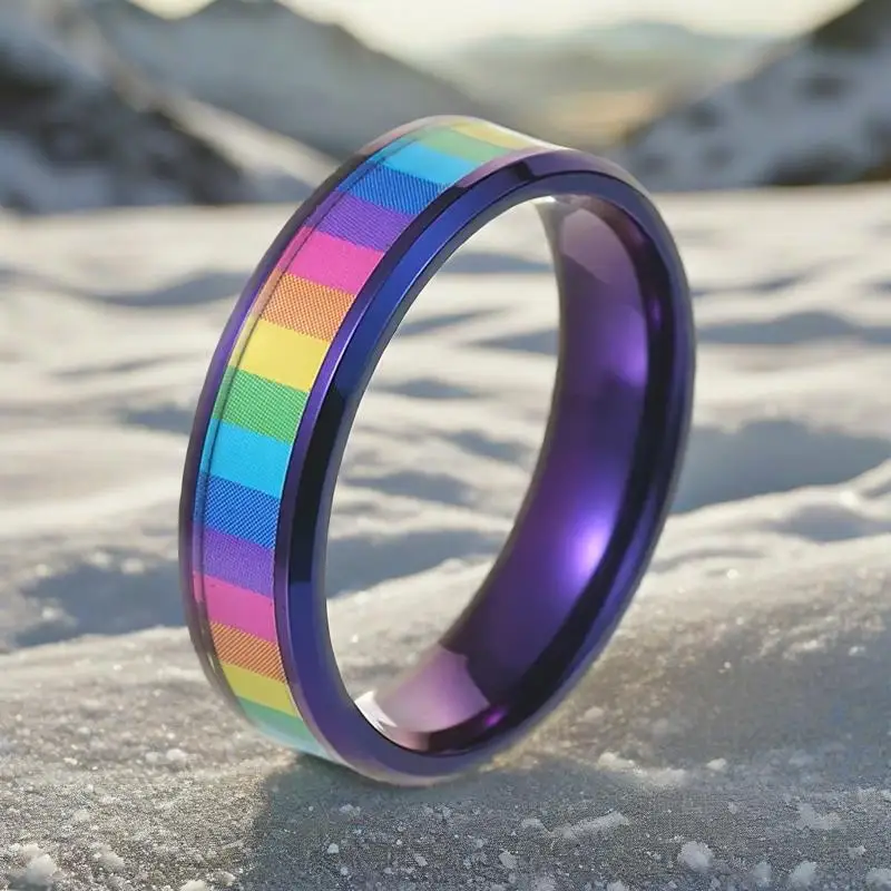 

Wholesale Silver Color Stainless Steel Rainbow Lesbian Ring Lgbt Pride Band 6mm Width for Wholesale