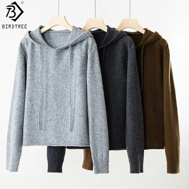 

Birdtree,Wool Cashmere Blend Knitted Hooded Tops and Pants Set,Woman Soft Commuting Knitwear Suit,2025 Autumn Winter NewT5O501JF
