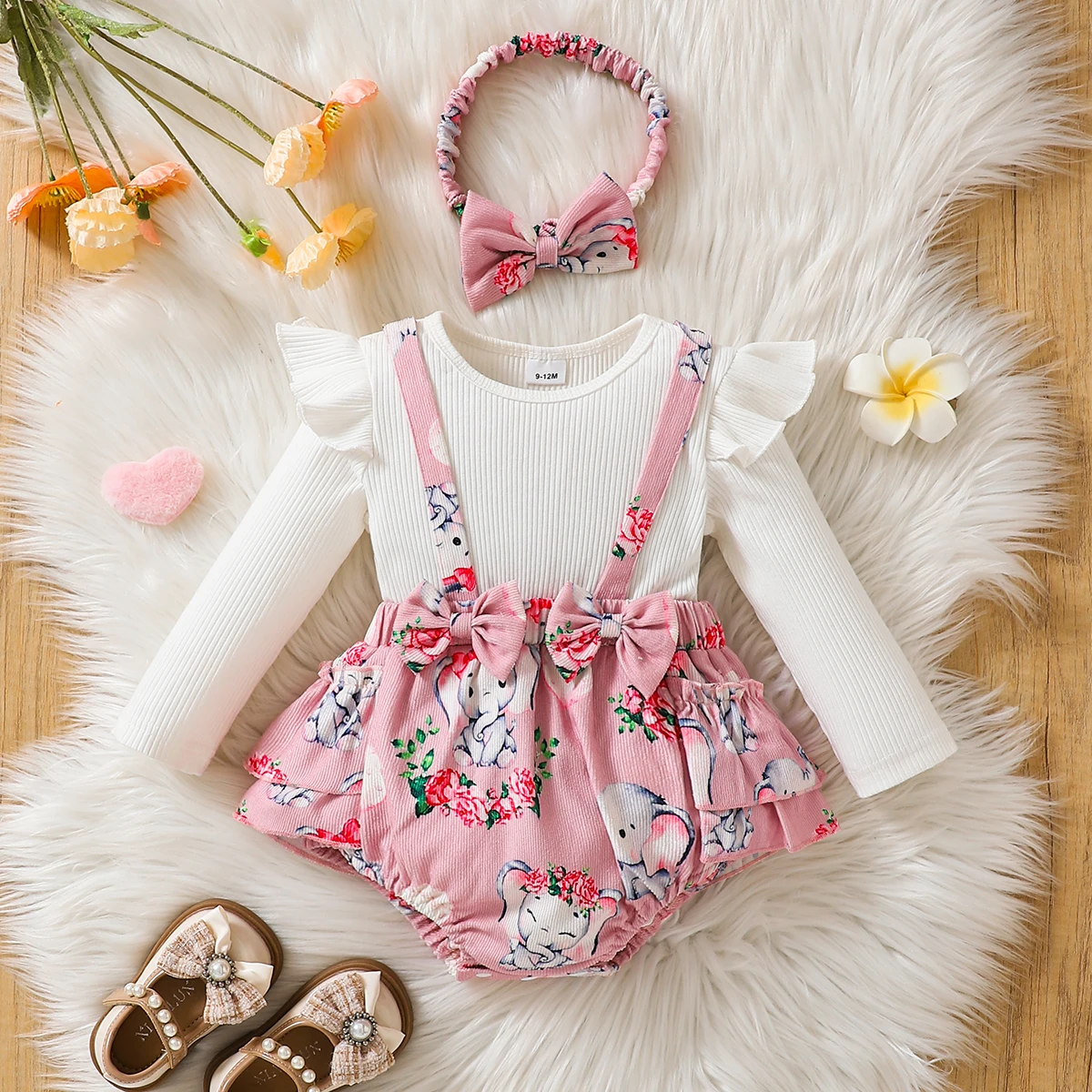 New stylish baby girl white long-sleeved elephant flower waist bow jumpsuit + free hair accessories