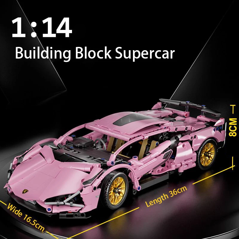 Image of 1:14 Maßstab Technisches Rosa Rennwagen-Baustein-Set Supersportwagen-Modell Stadtfahrzeug-Bausatz Spielzeug für Erwachsene Geschenk
