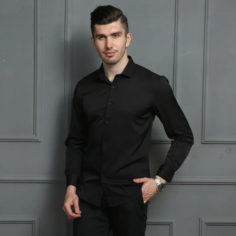 New men\'s spring and summer shirt long-sleeved shirt business slim-fit pure white dark twill solid color tooling men\'s shirts