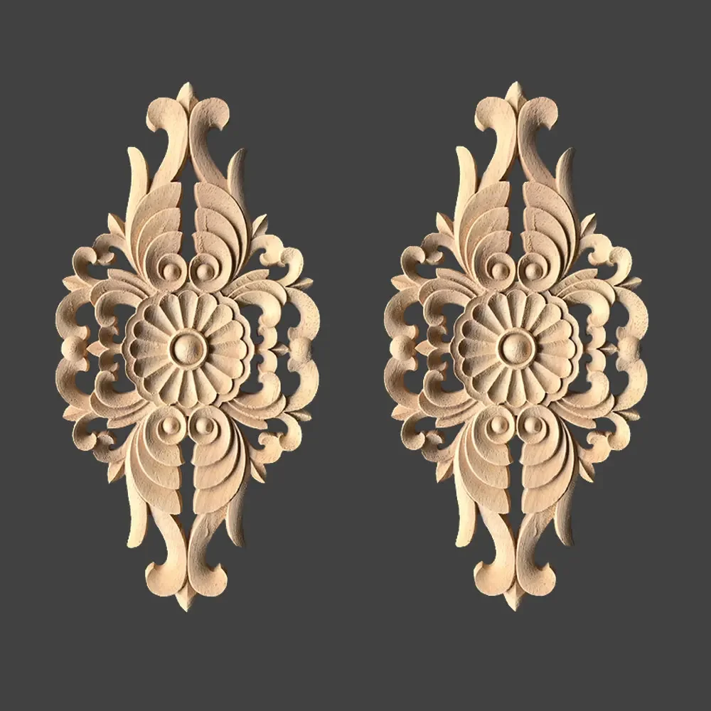 2Pcs Vintage Flower Pattern Wood Carved Unpainted Wood Oak Carved Corner Onlay Applique Furniture Home Decor DIY Accessories