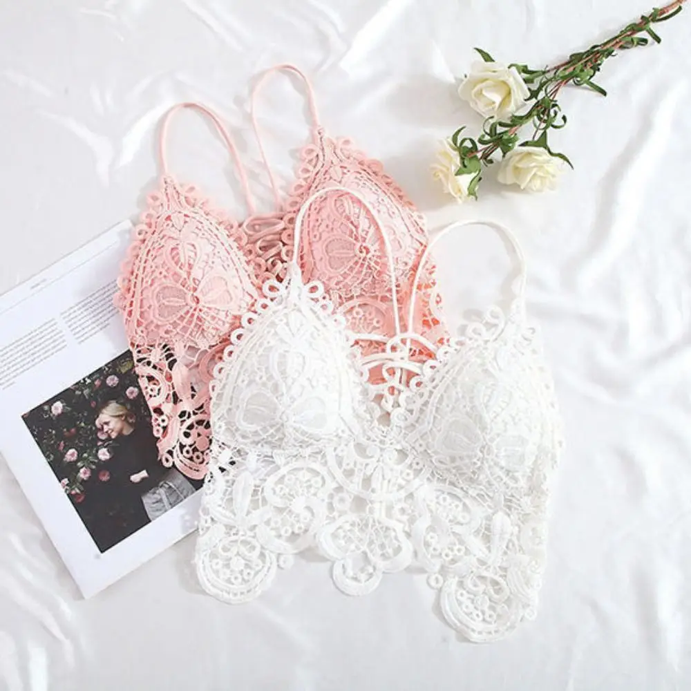 

Ins style Vest Bohemian Style Camisole Sleeveless Beachwear Deep V Bra Crop Top Hollow Out Lace Wireless Bra Party