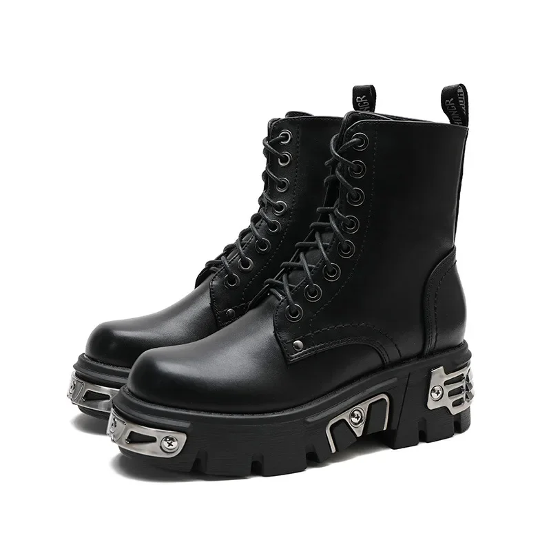 

2026 NewPunk Style Platform Women Ankle Boots Women's Motorcycle Boot Fashion Ladies Chunky Shoes Metal Decor Black BIG Size