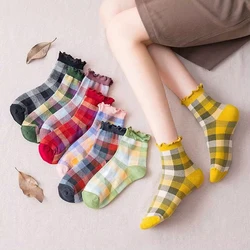 Women Socks Cotton Plaid Loose Short Ruffle Socks Vintage Cute Sexy Kawaii Harajuku Woman Streetwear Soks Female Sox Girls Gift