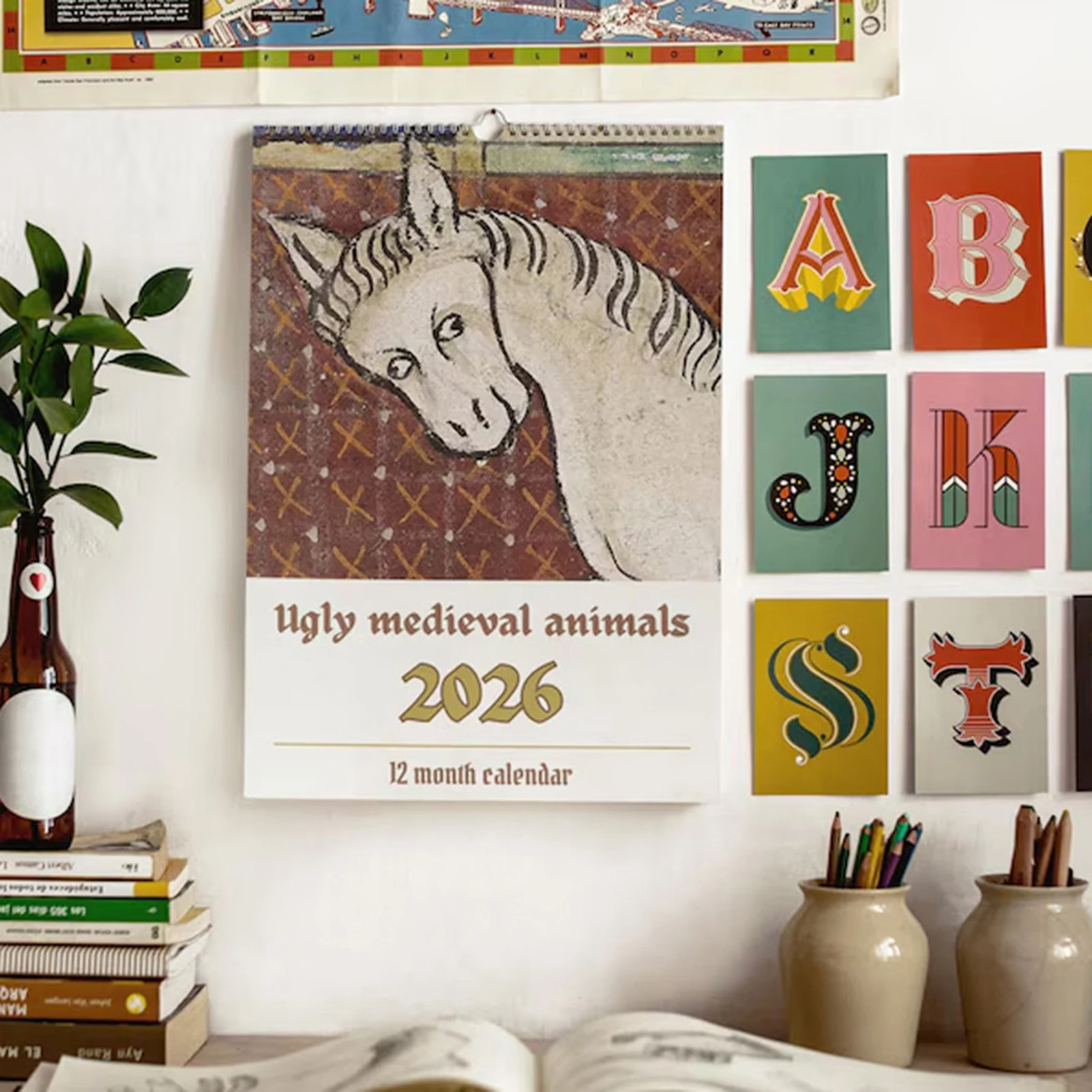 2026 Wall Calendar with Medieval Animal Theme Ugly Style Humorous Illustration Design for Office Home Decor and Gift Use