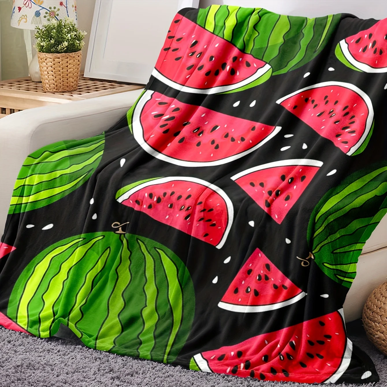 Cartoon Watermelon Slice Black Base Throw Blanket for Living Room Sofa Daily Use Birthday Anniversary Summer Fruit Hobby Tribute