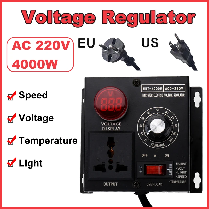 Regulador de voltaje velocidad temperatura luz voltaje regulable AC 220V 4000W enchufe EE. UU./UE atenuador controlador de voltaje Variable compacto