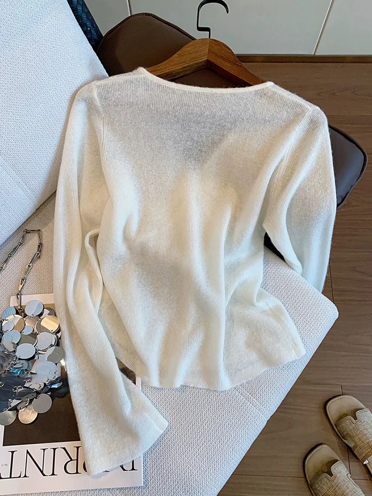 Ele Sweet 3D Flower V-Ne Long Sve suéter de punto ex primavera otoño versátil Top suave medio fino calidez