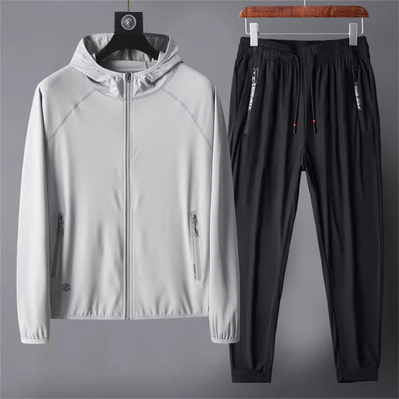 

Ультратонкий летний спортивный костюм из ледяного шелка для мужчин: повседневные брюки и футболка с коротким рукавом для бега, защита от солнца