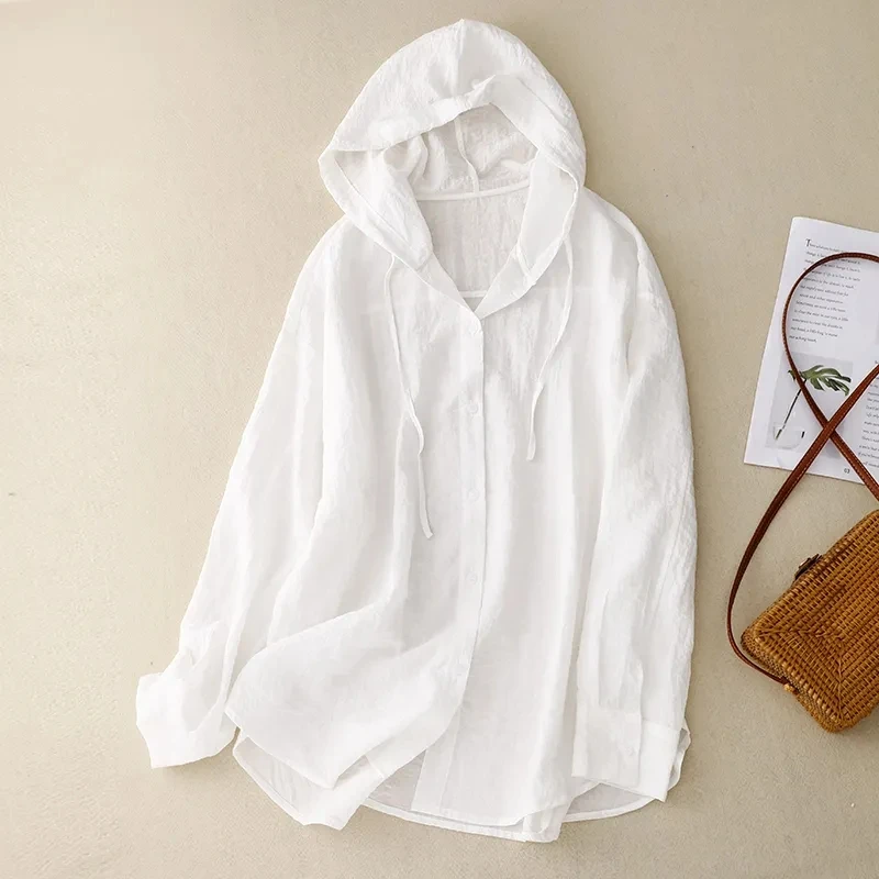 Women's Summer Hooded Thin Sun-protective Coat New Korean Loose Fashionable Cotton Linen Casual Beach Air-conditioning Shirt Top