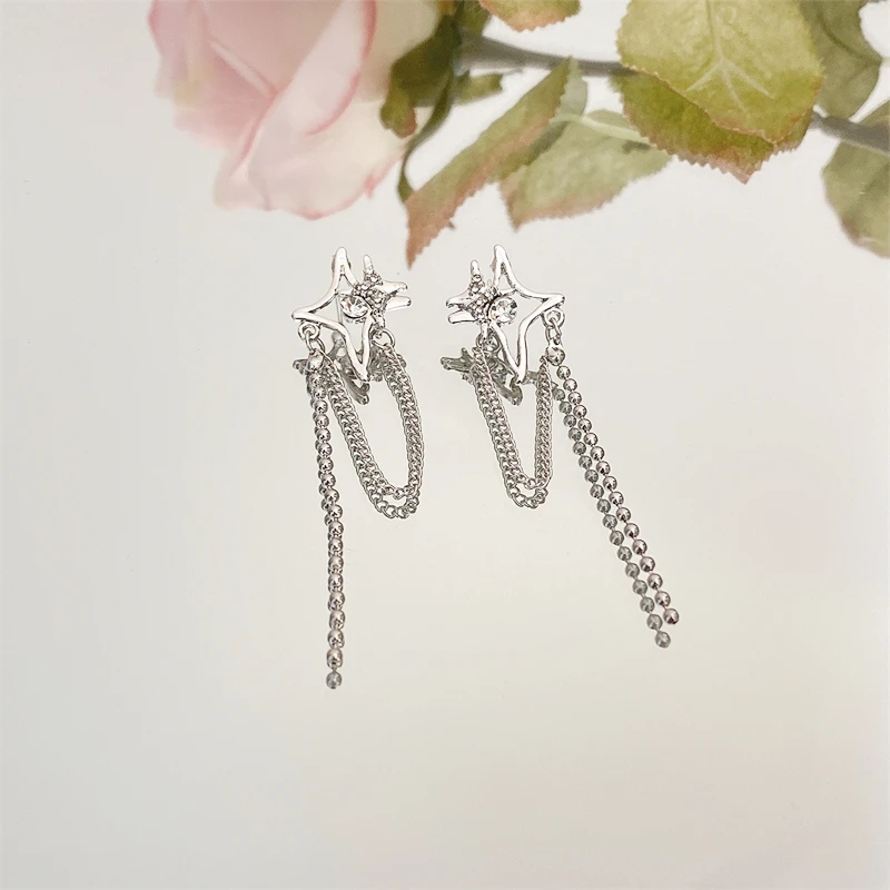 Silver Color Star Tassel Earrings for Women Hollow Links Korean Fashion Cool Stuff Bohemian Hanging Earrings Female Ear Jewelry