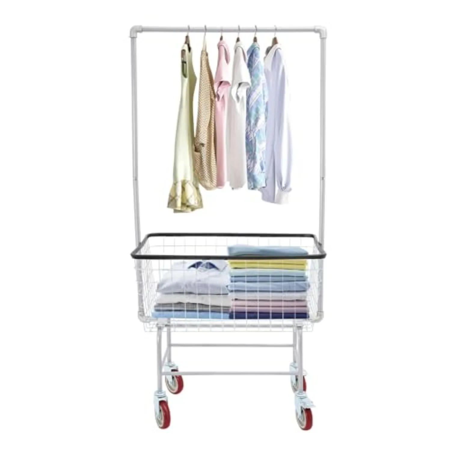 110LBS Commercial Steel Wire Laundry Cart Trolley w/Hanging Rack, 4 Universal Wheels, Lockable Rolling Laundry