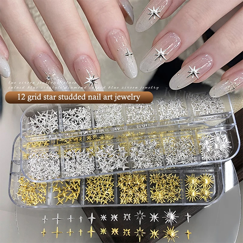 12Grids/Box Mixed Design 3D Metal Starlight Nail Art Charms Parts Stars Rivet Accessories For Nails Decoration Manicure Supplies