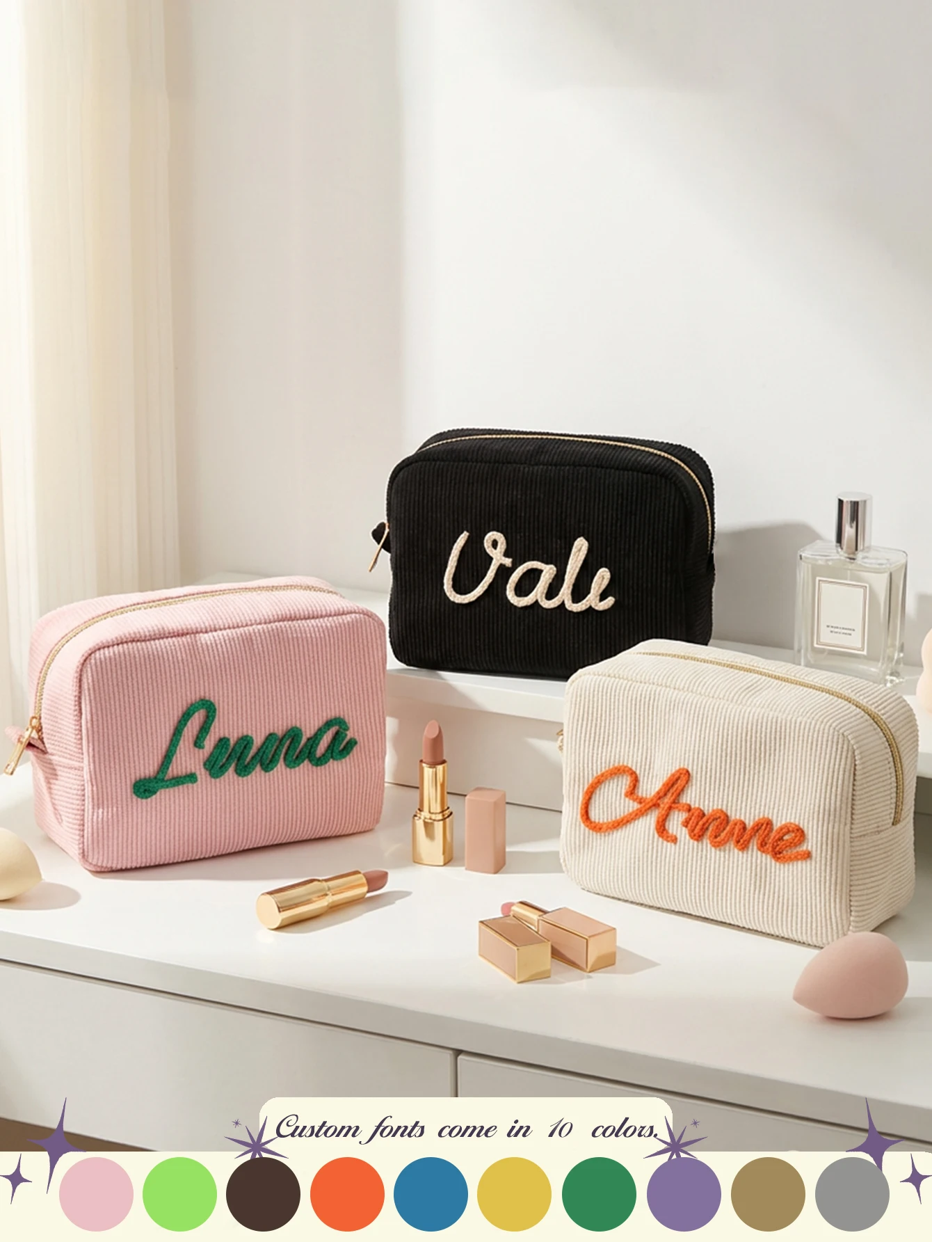 Personalized Name Rope Embroidered Corduroy Makeup Bag, Zipper Cosmetic Pouch, Travel Beauty Organizer Gift for Women Girls