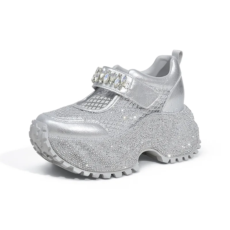 9cm Bling Rhinestone Women's Vulcanize Shoes New Spring Outdoor Ladies marry jane Shoes Thick Platform Sneakers Leisure Sports