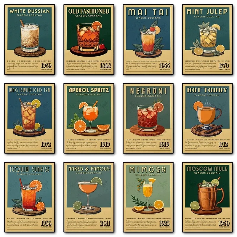 Vintage Cocktail Canvas Painting Drinks Whiskey Sour Aperol Spritz Mojito Retro Cocktail Posters Prints Bar Club Wall Art Decor