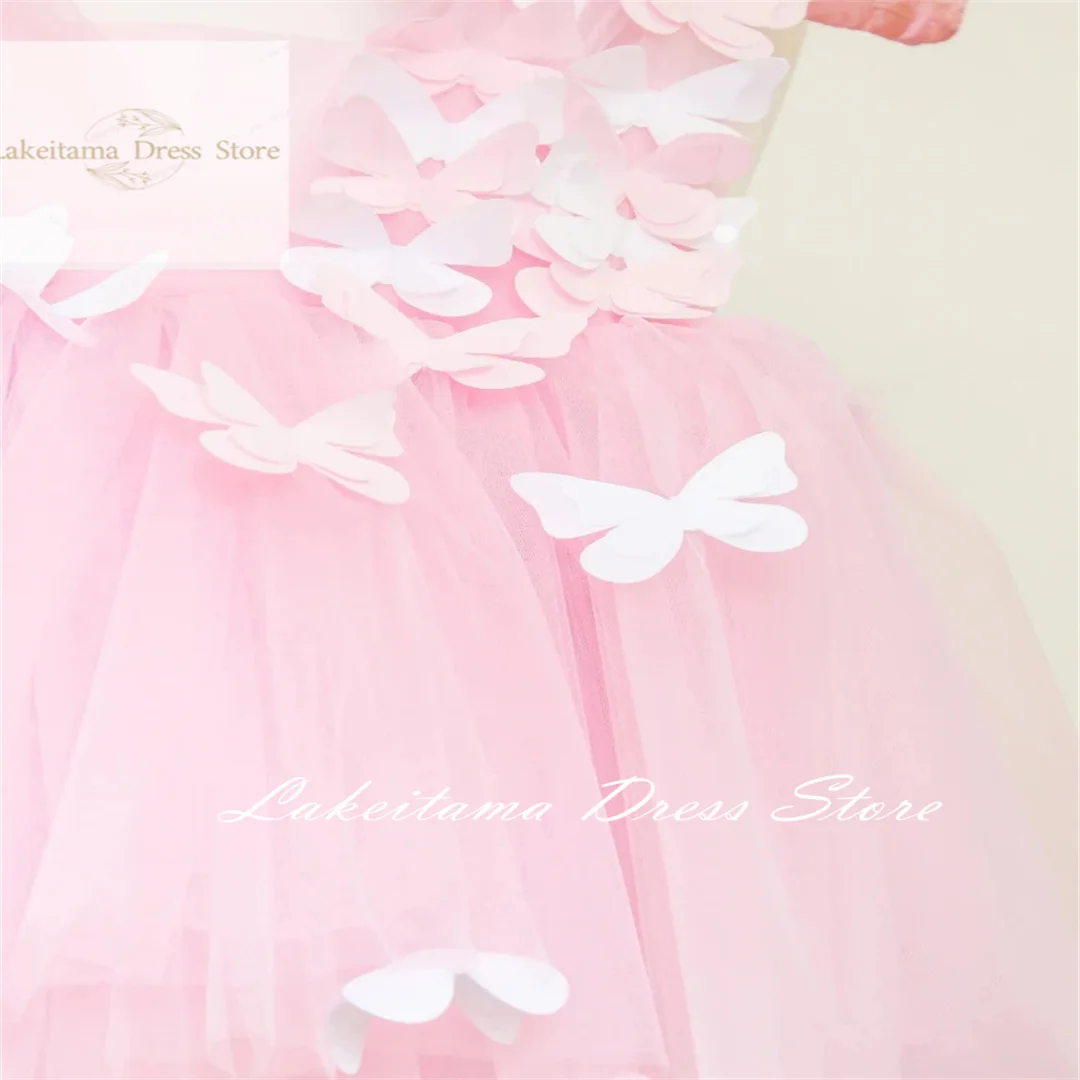 結婚式誕生日最初のピンクチュールふわふわ高低スカート 3D 蝶フラワーガールドレスノースリーブ聖体拝領ガウン