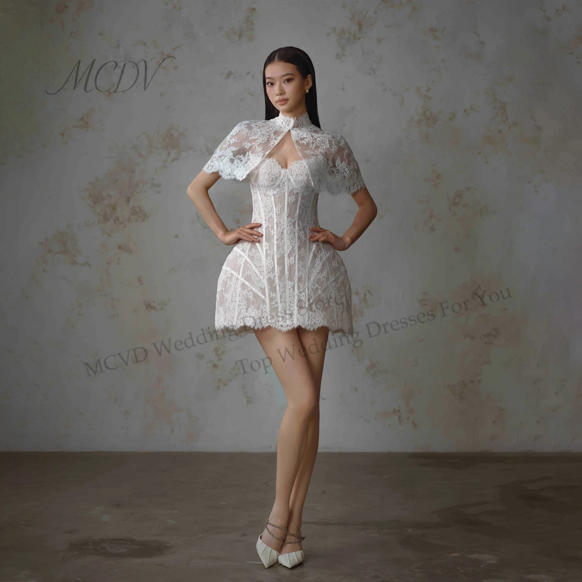 Vintage Lace Cape Two Piece Mini Wedding Dress Corset Backless Strapless Bridal Reception Outfit Vestido De Noiva Customized