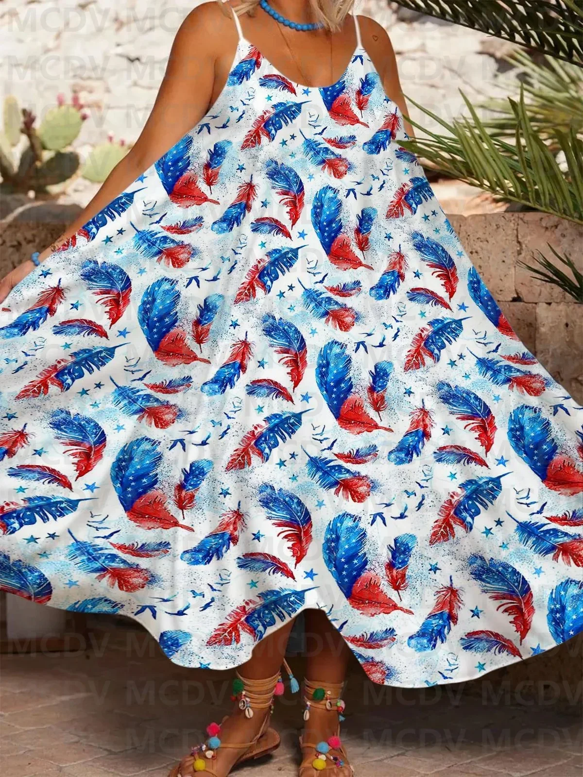 

Red Blue Feather Print Casual Spaghetti Strap Dress Pocket Dress Female Dresses