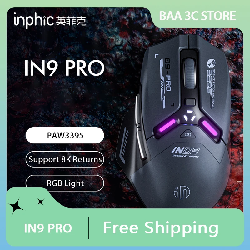 

Геймерская мышь Inphic in9pro, 3 режима, USB/2,4G/Bluetooth, беспроводная мышь Paw3395 26000dpi Rgb, эргономичная игровая мышь для электроспорта