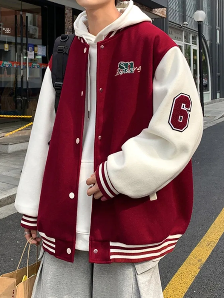

Красная бейсбольная куртка цвета винного красного вина, мужская осенне-зимняя американская шерстяная куртка для пар, новинка 2025 года, молодежная куртка для подростков