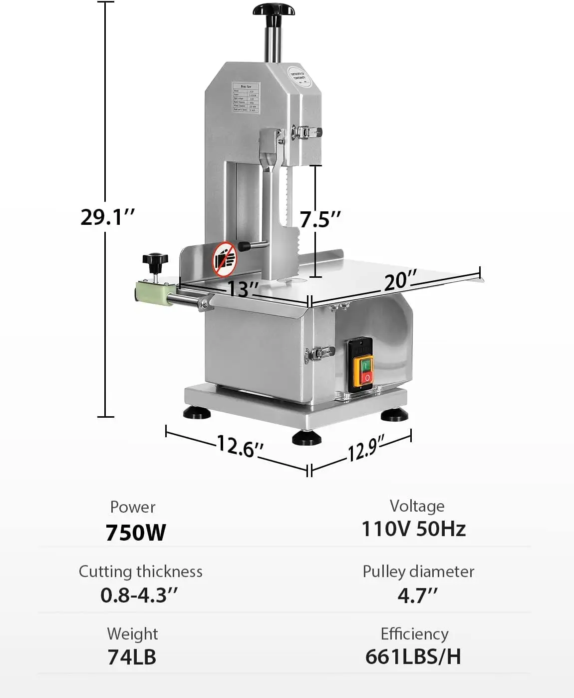 Mesin gergaji tulang daging komersial 750W, mesin gergaji Bandsaw meja pemotong daging beku dengan 6 pisau gergaji mesin gergaji listrik