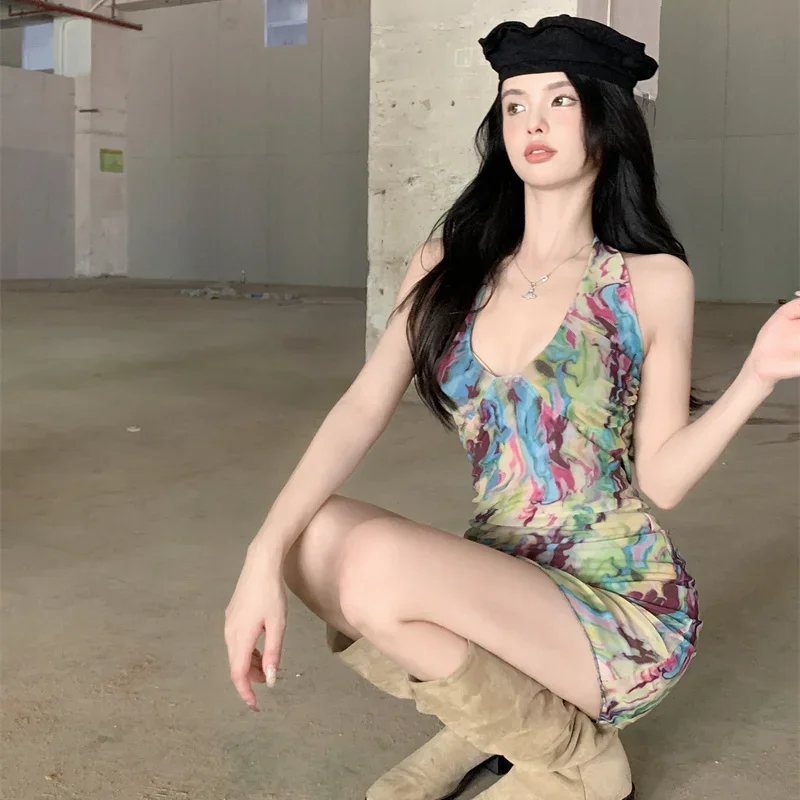 여성용 민소매 드레스, Y2k 레트로 타이 다이, 섹시 핫 스위트 여성 휴가 선드레스, 패션 백리스 시크 여름 미니 드레스