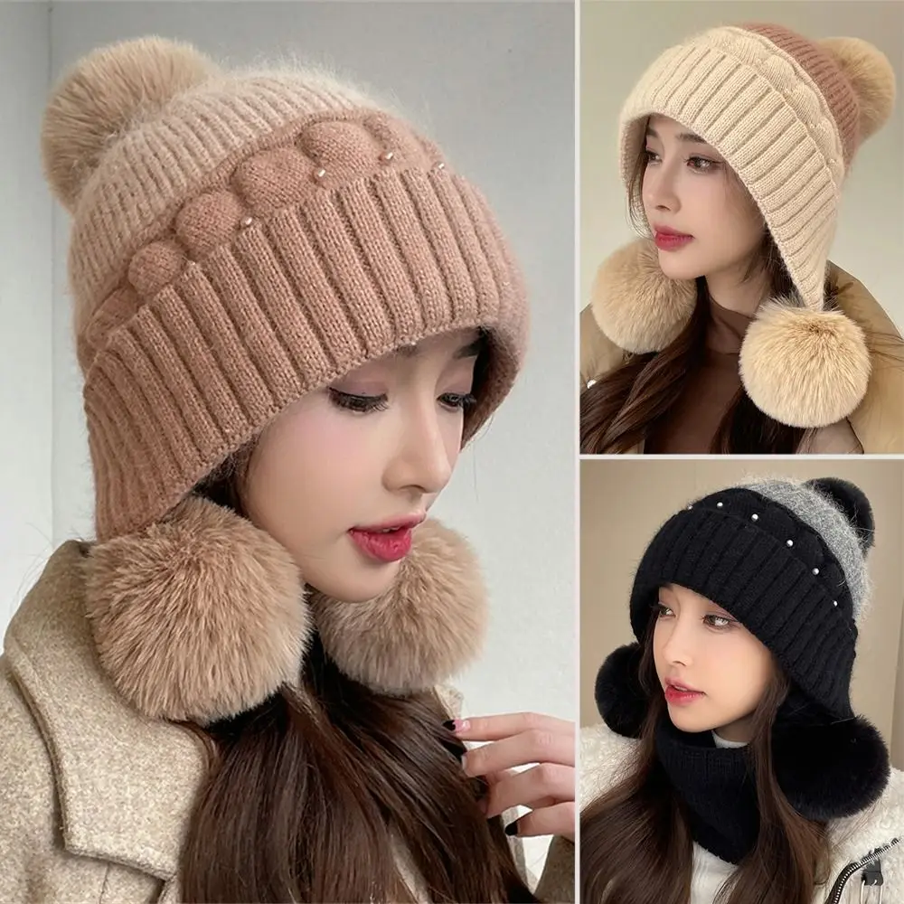 Cute Warm Thickened Knitted Hat Windproof Coldproof Ear Protection Beanies for Autumn Winter