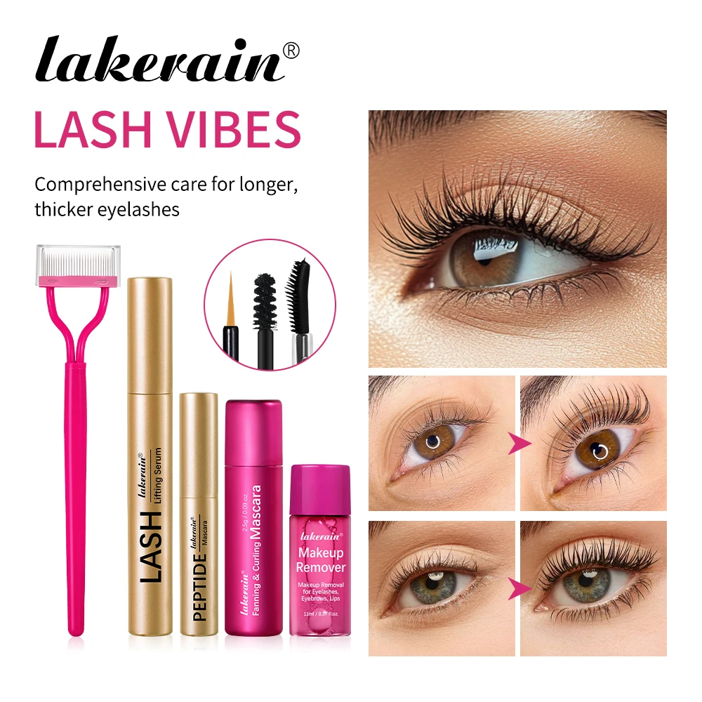 5 Pieces Lash Vibes Kit Lash Lift Serum Peptide Mascara Fanning Curling Makeup Remover Separator Long Thick Volumizing Eyes Makeup