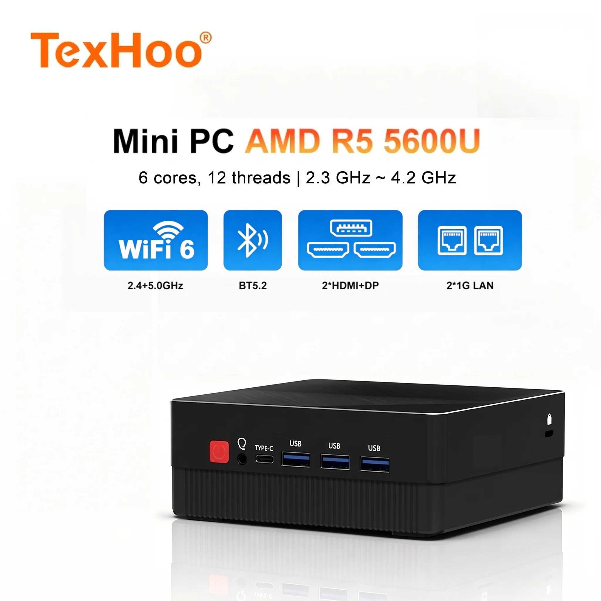 TexHoo Mini PC Ryzen 5 5600U 6C/12T Triple Display 16G 256G DP+2xHDMI Dual LAN WiFi6 BT5.2 2xDDR4 Mini Desktop Computer 