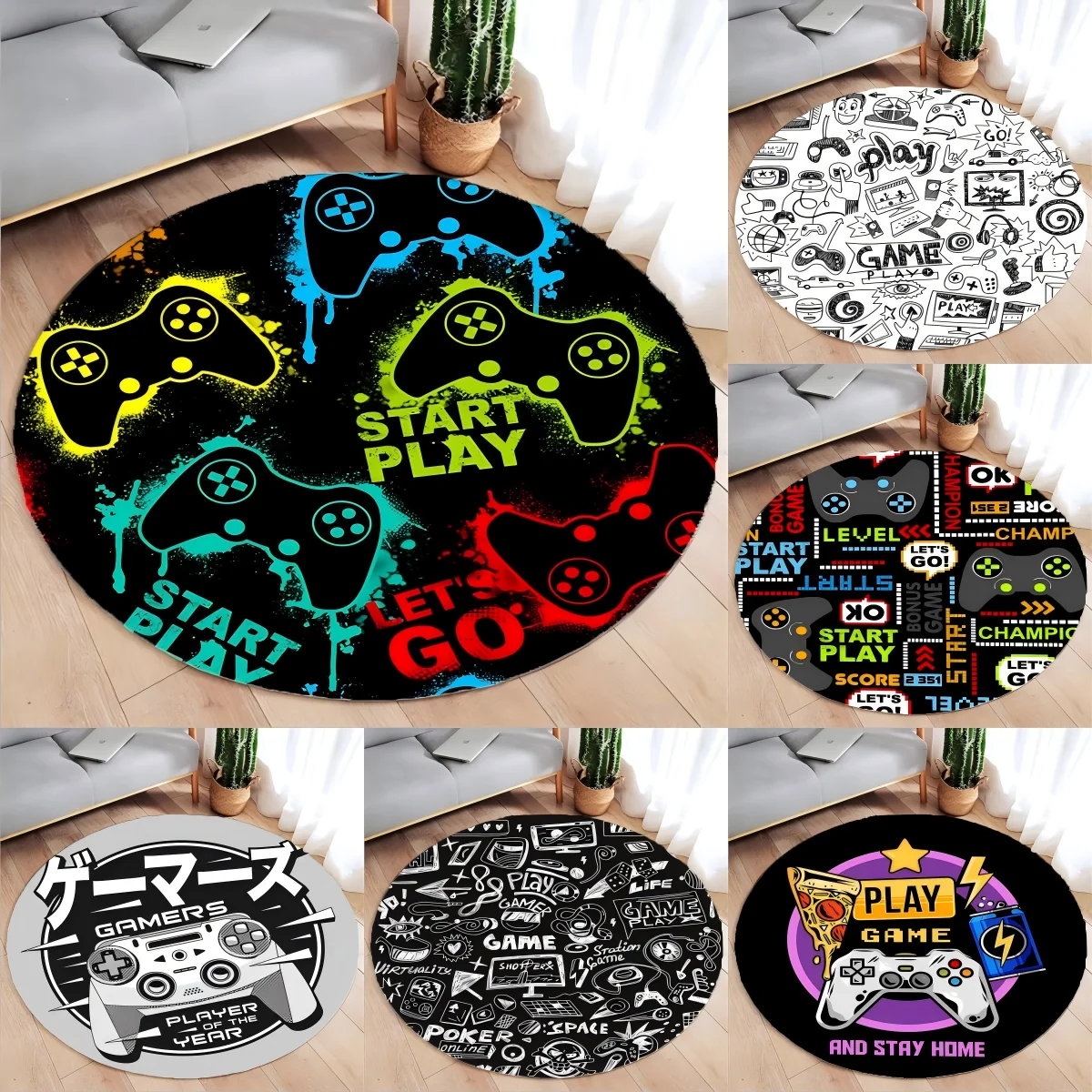 Gaming Console Round Rug Non-Slip Floor Mat for Home Office Living Room Bedroom Machine Washable Round Carpet for Gamers Decor