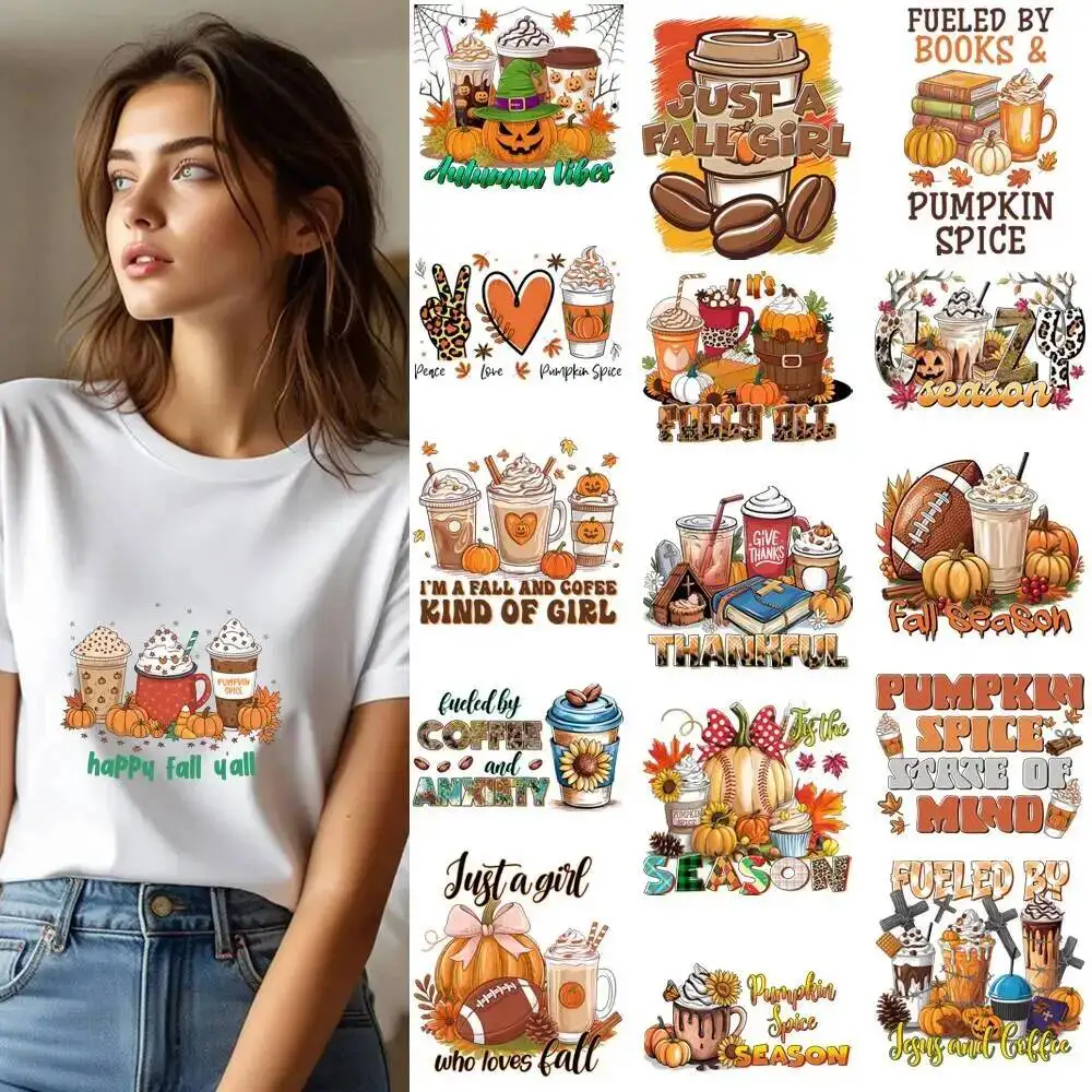 25CM Fall Season Sweet Pumpkin Coffee Heat Transfer Patches For Clothes DIY A-Level Washable Shirt Iron-on Thermal Stickers