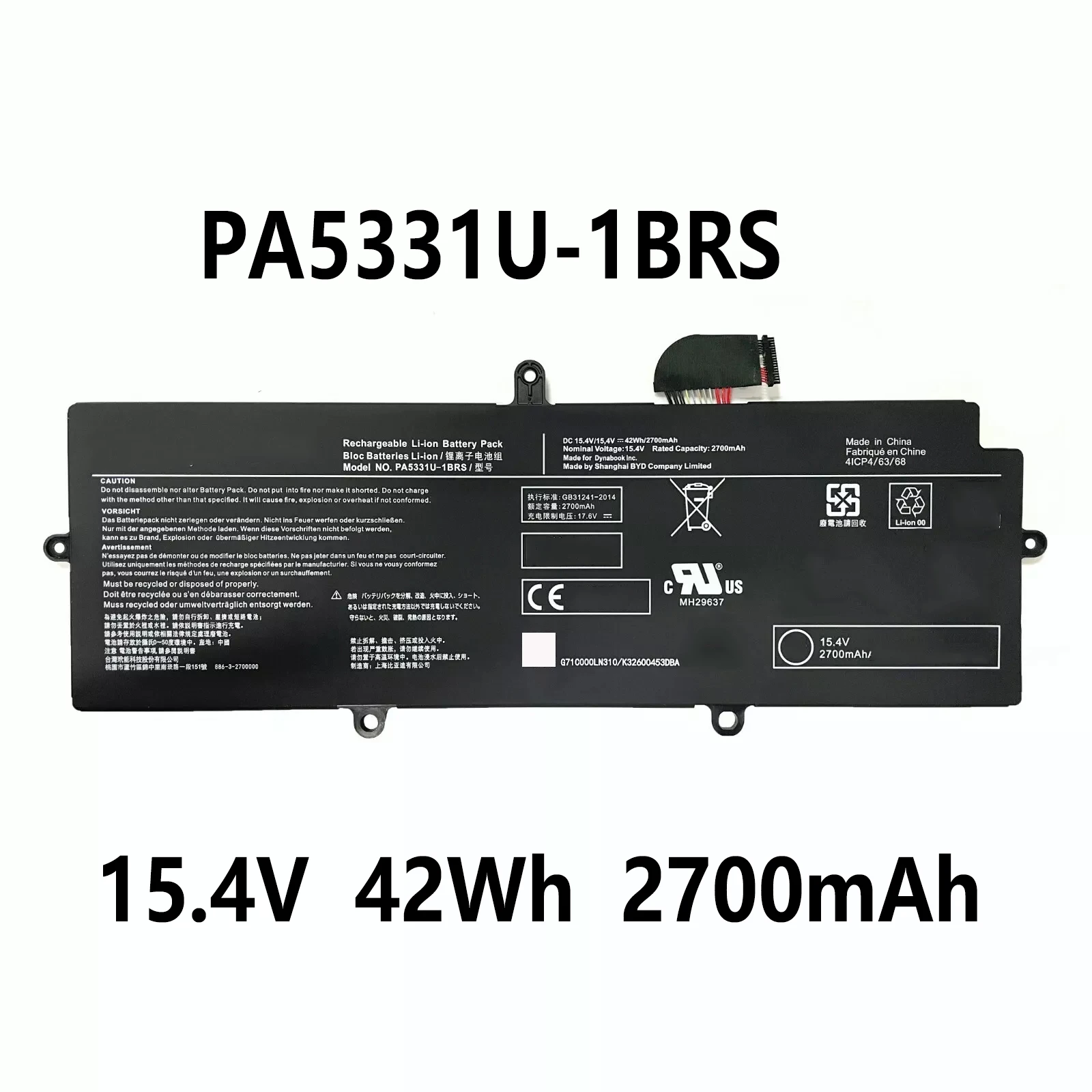 PA5331U-1BRS 15.4V 42Wh 2700mAh Laptop Battery for Toshiba Dynabook Portege A30-E X30L-G A40-E