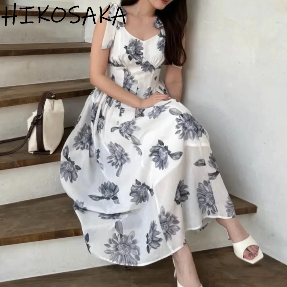 

Bow Lace Up Straps Dress Japanese Vintage Spring Summer Chic Floral Print Sleeveless Robe High Waist A-line Vestidos Mujer