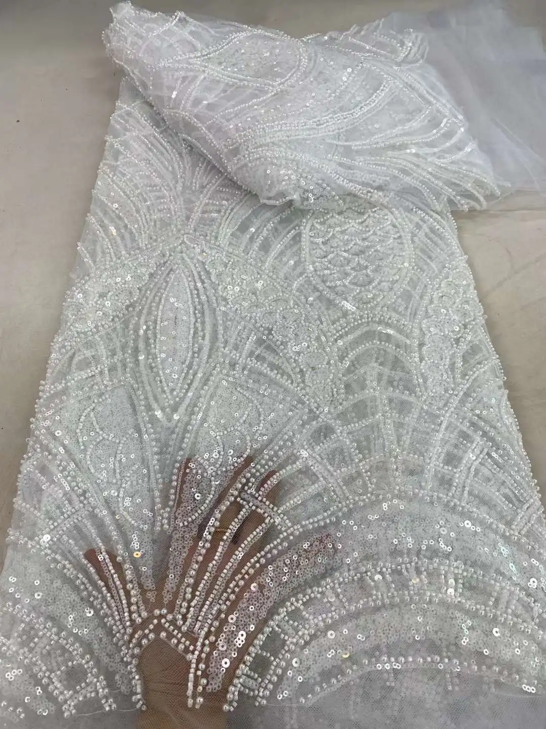 Latest African Sequins Lace Fabric 2024 High Quality Tulle Lace Embroidery Beads Lace Fabrics 5 Yards For Wedding Party Dresses