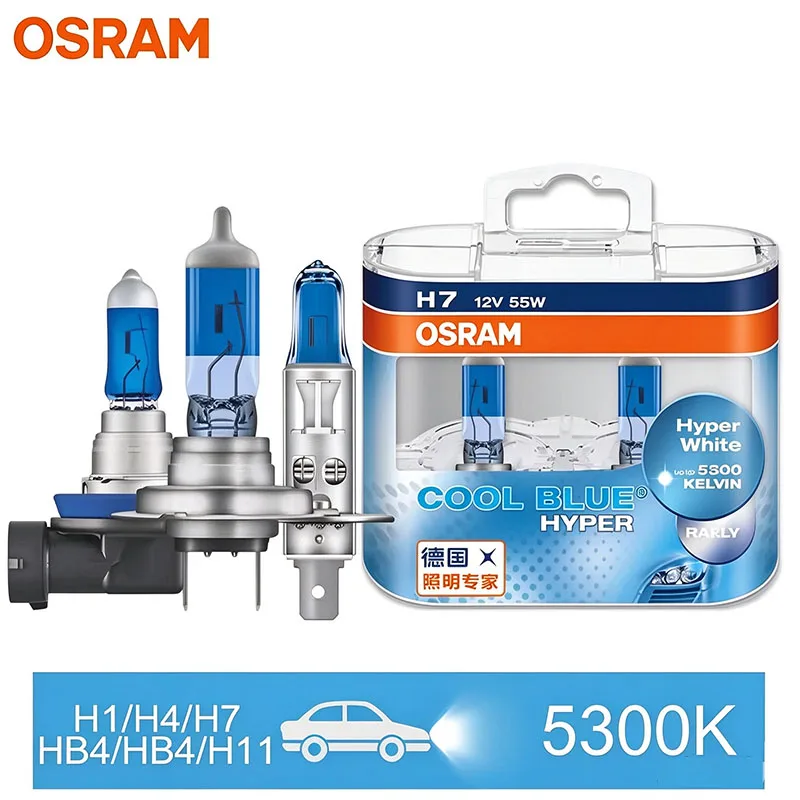 OSRAM H1 H4 H7 H11 HB3 HB4 Cool Blue Hyper Halogen Headlight 9005 9006 12V 55/60W Original Bulbs 5300K Super Bright Hi/Lo Beam