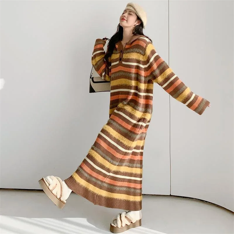 

Color blocking striped hooded dress for women's autumn and winter Korean loose pullover dress knitted sweater