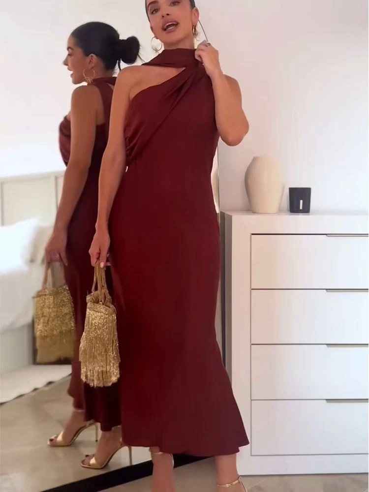 TFMLN Fashion Women's Integrated Scarf Neck Dress Elegant Halter Asymmetric Scarf Collar Sleeveless Evening Dresses Summer New