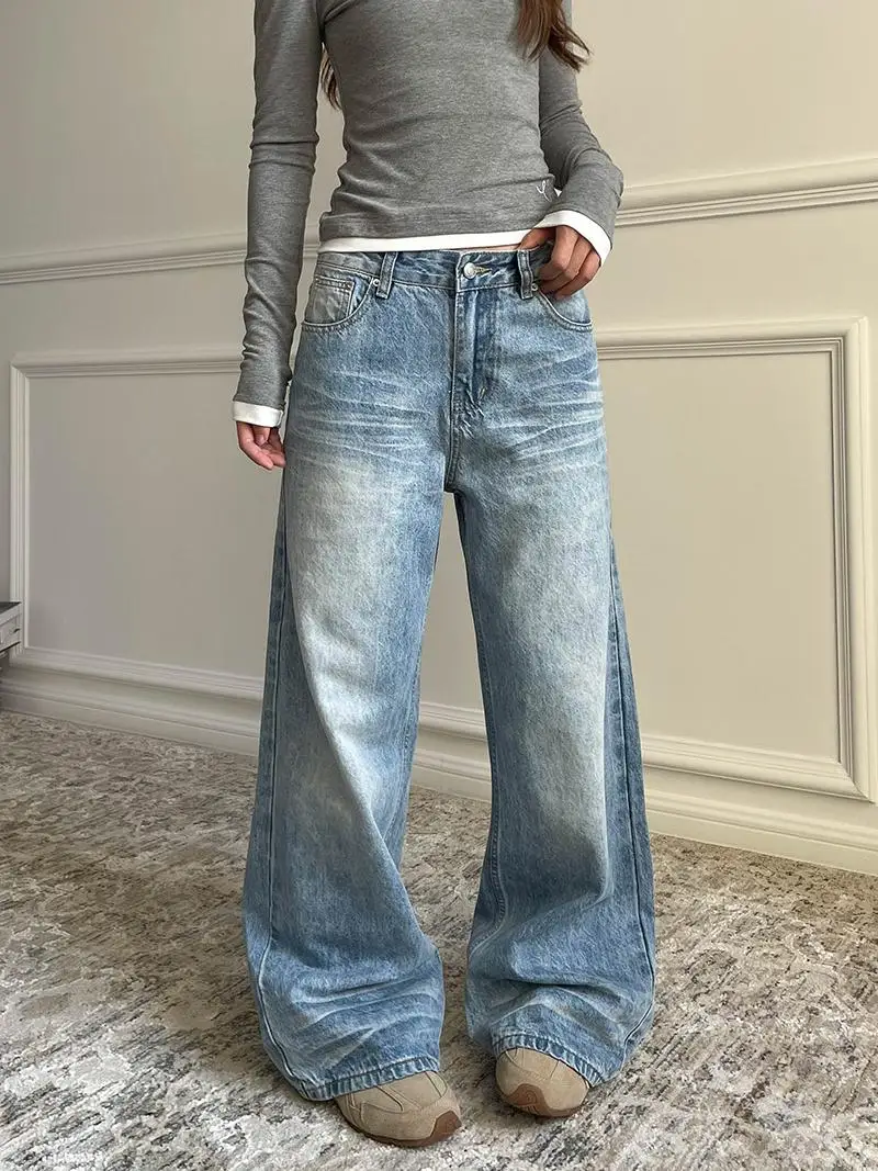 

Винтажные джинсовые джинсы Aket American Sle, свободные прямые длинные брюки для женщин, уличная одежда CleanFit